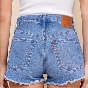 Levi’s 501 Original High Rise Medium Wash Distressed Denim Shorts